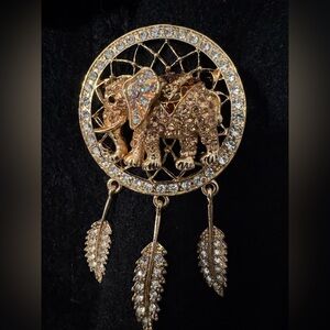 3.5" Deluxe Dreamcatcher Elephant Large Rhinestone GoldTone Brooch NEW